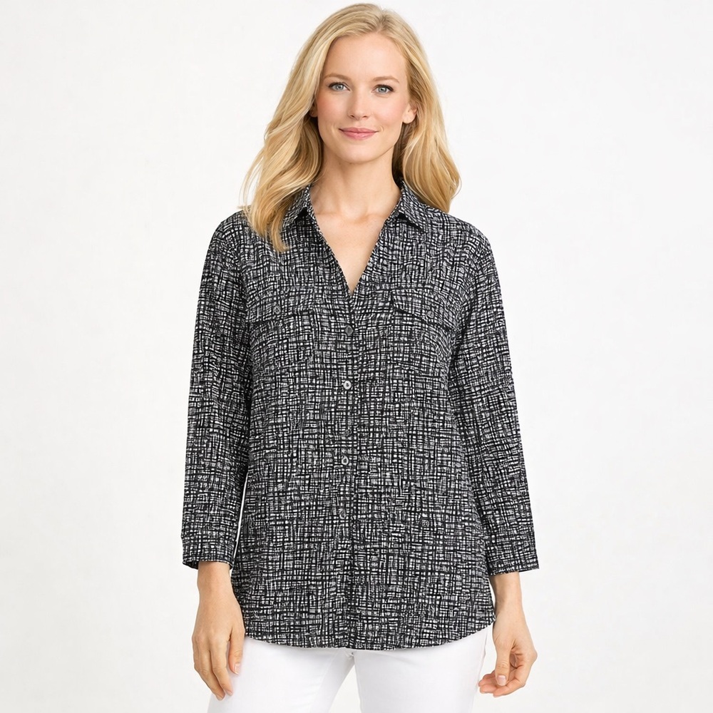J. McLaughlin Womens Button Up Top S Black White Abstract Office Stretch Career